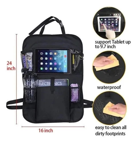 Car seat back storage bag with iPad pocket, 600D Oxford cloth, mesh and PVC film, 61x41cm