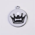 Zinc alloy pet ID tag, 25mm round disc, shown in black, dark blue, pink, purple, and red for dog or cat collars.