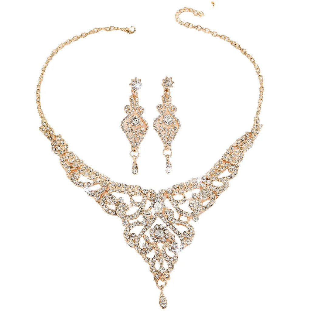 Hollow necklace and earrings set for women in gold or silver alloy with heart, water drop, or bell pattern