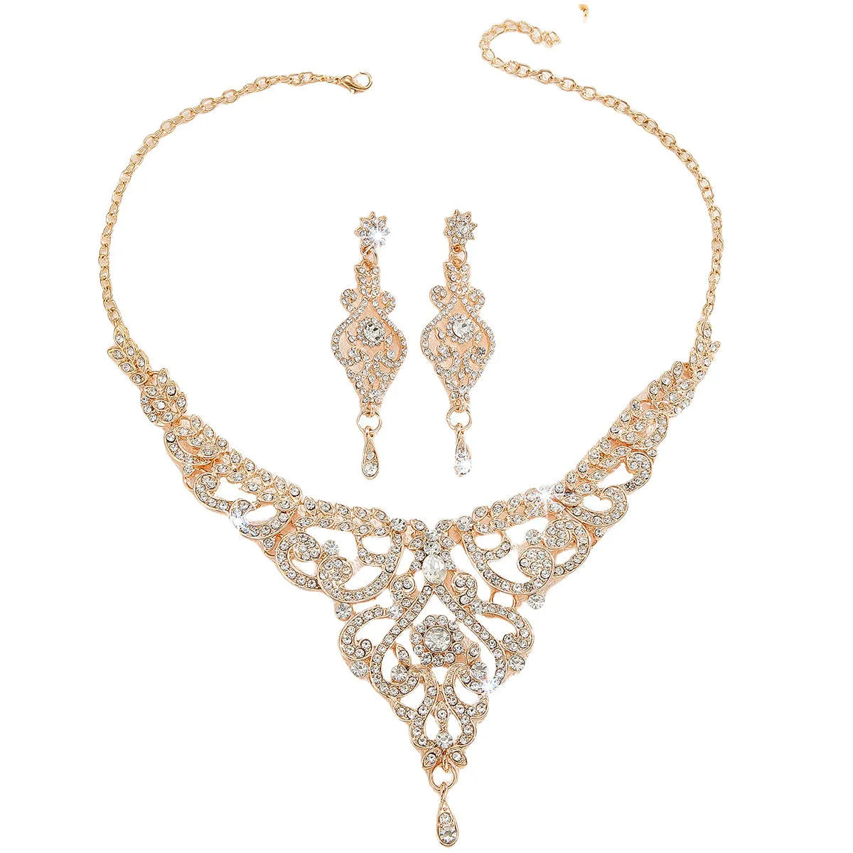 Hollow necklace and earrings set for women in gold or silver alloy with heart, water drop, or bell pattern