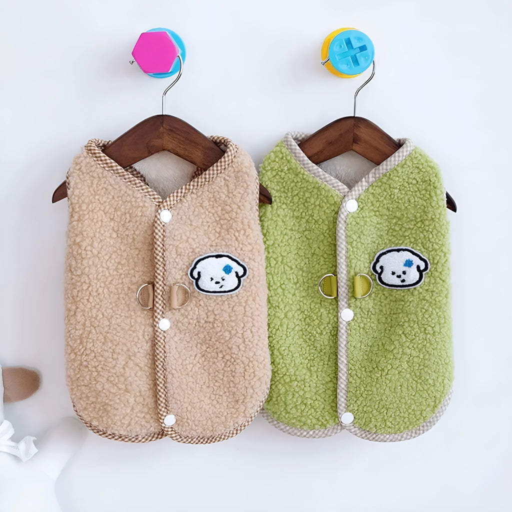 Green thickened coral fleece dog sweatshirt vest with leash ring for small pets