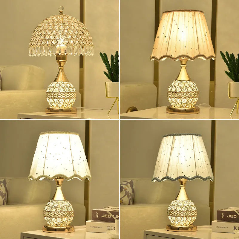 Gold crystal desk lamp with iron art base and remote control on a wooden table