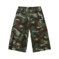 Men's camouflage-coloured cotton jeans with wide loose legs, cropped length, and side pockets on a plain background.