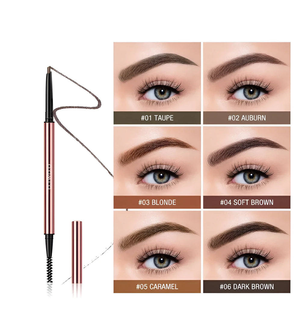 A brow make-up pencil in a colour box, showing six available shades like Auburn, Blonde, Caramel, and Taupe.