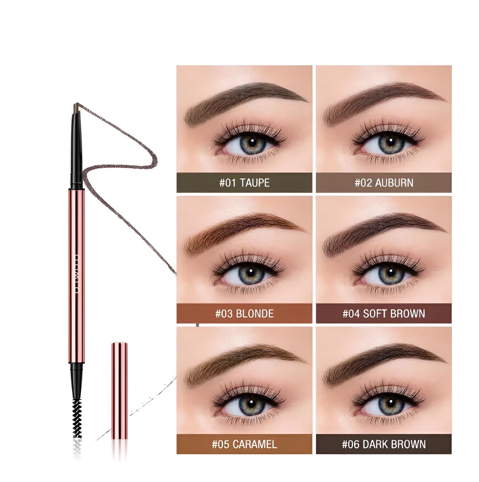 A brow make-up pencil in a colour box, showing six available shades like Auburn, Blonde, Caramel, and Taupe.