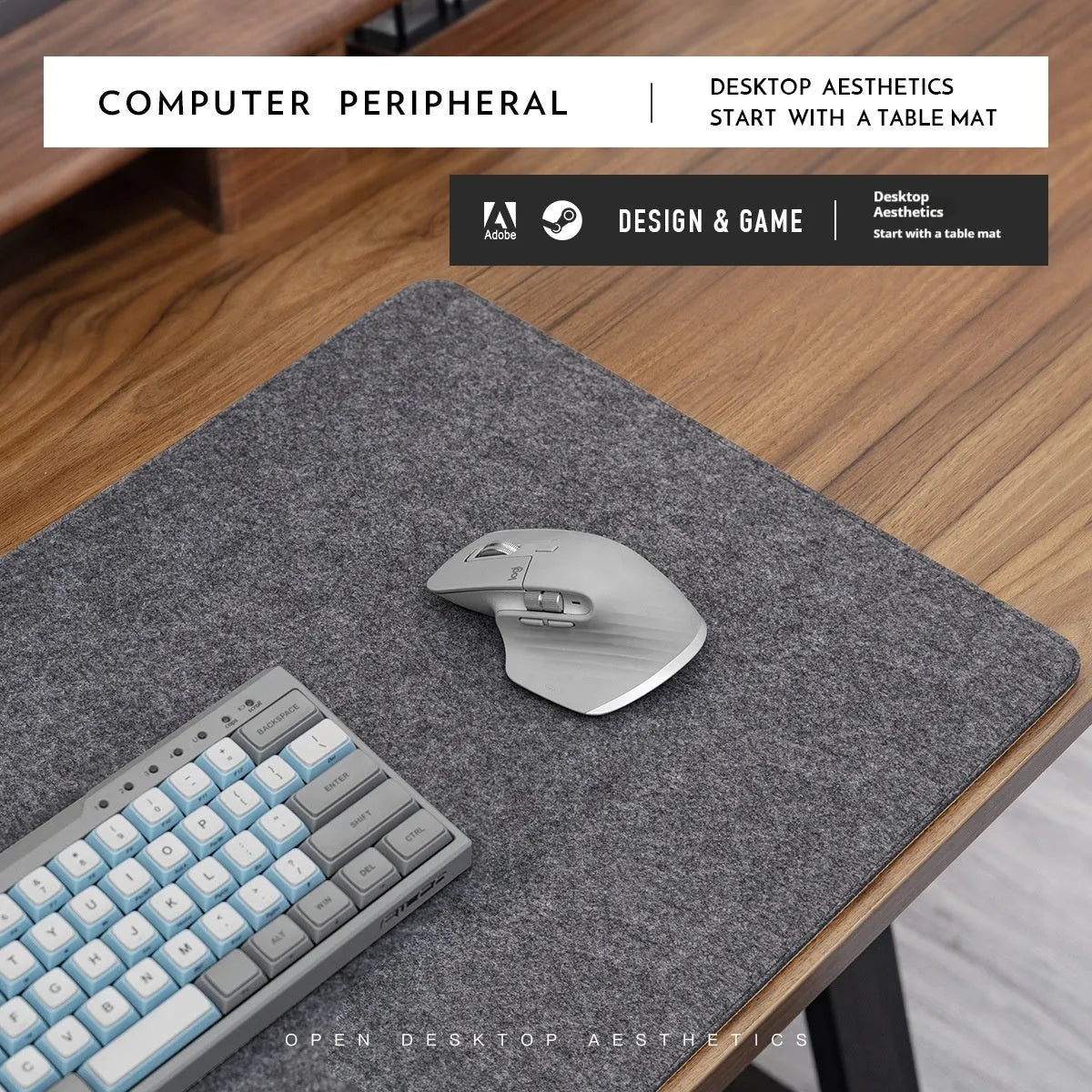 Winter warm grey felt and cork mouse mat with Japanese simple style on office desk