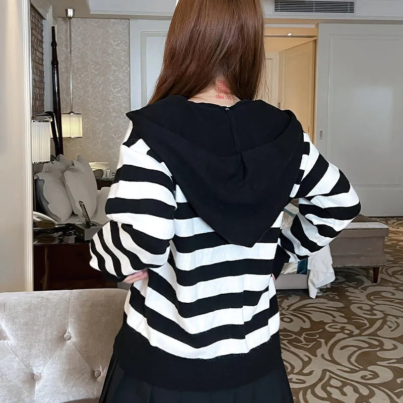 Black striped contrast colour women's hooded zip cardigan, loose knitted cashmere coat, 50cm length, sizes S to XL