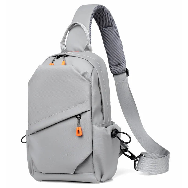 A black polyester single shoulder crossbody bag for men, shown with a model wearing it.