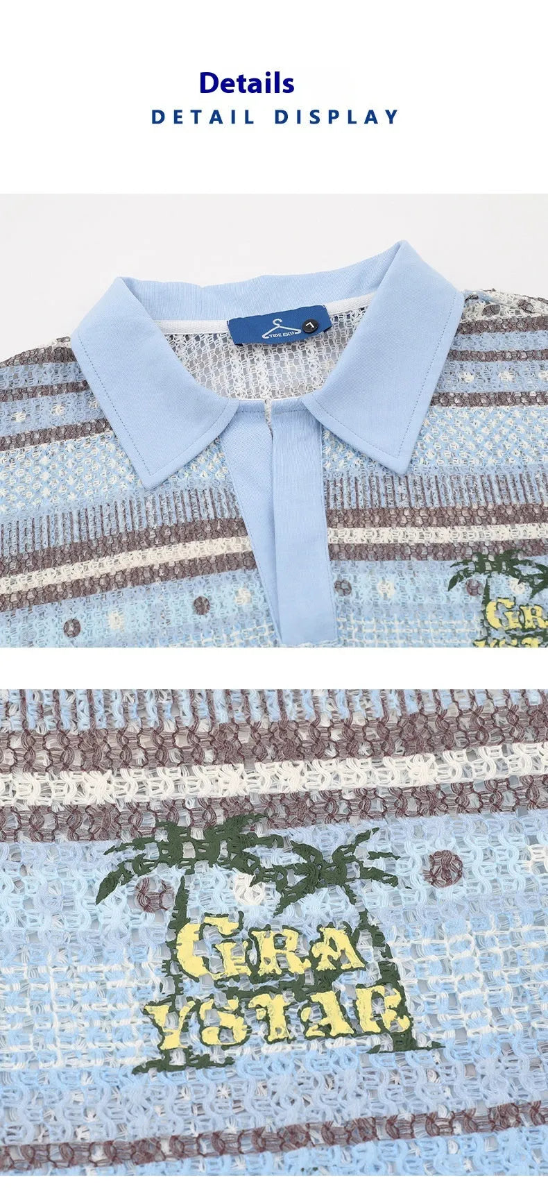 Men's blue printed loose fit casual shirt with short sleeves on hanger