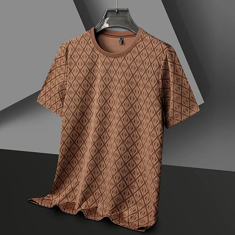 Man wearing a loose fit round neck short sleeve shirt in ice silk fabric.