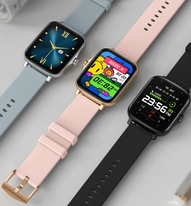 Smart watch with blue strap and 1.7-inch colour touch screen displaying time and heart rate.