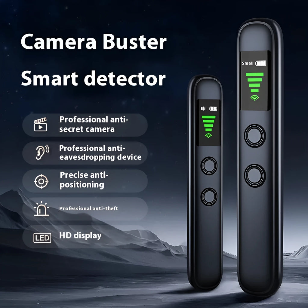 T66 black wireless camera detector with infrared alarm, sound and vibration modes, 5V, Type-C cable