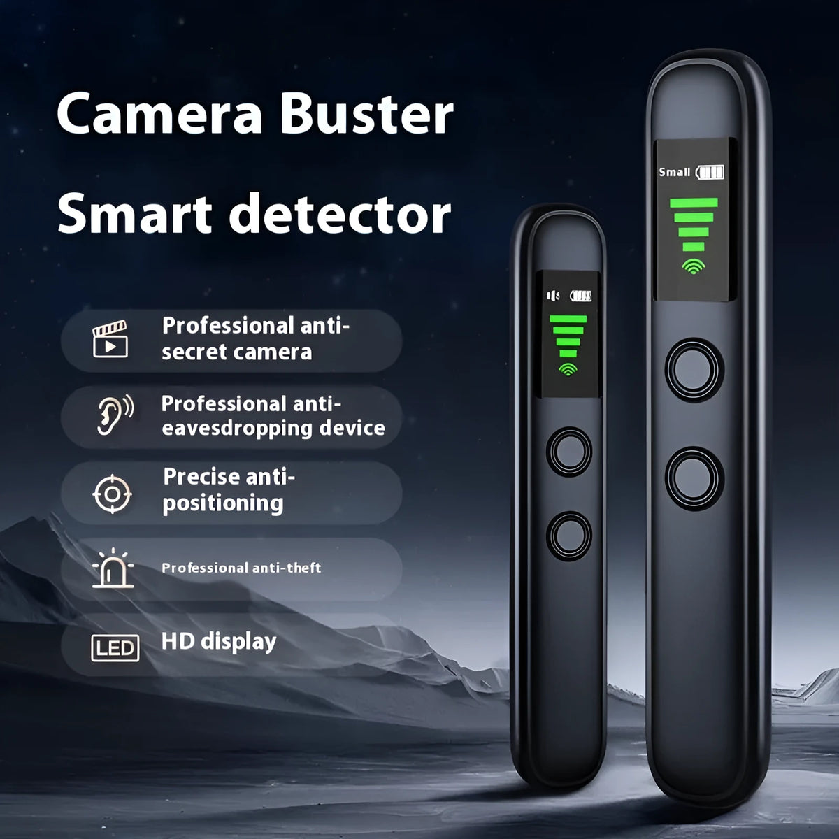 T66 black wireless camera detector with infrared alarm, sound and vibration modes, 5V, Type-C cable