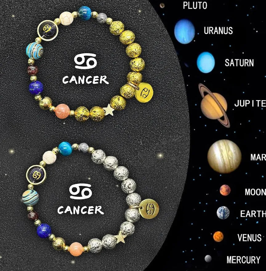 Set of two natural stone beaded bracelets with zodiac sign designs on a flat surface.