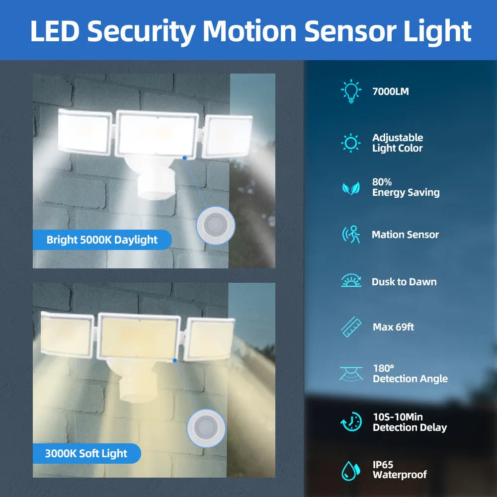 White or black LED security flood light with motion sensor for outdoor wall or ceiling mounting