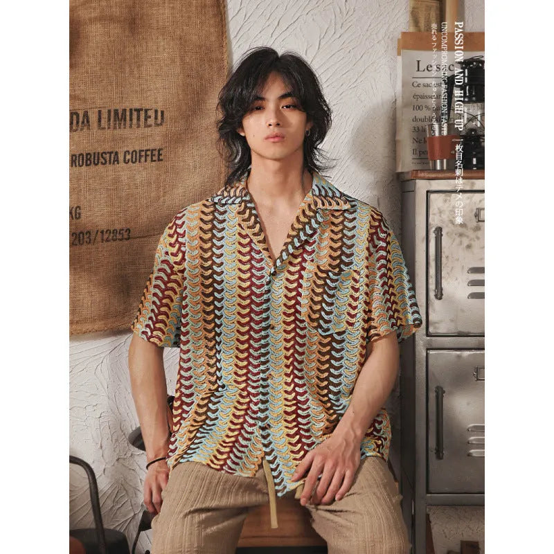 Grey plus size men's short sleeve shirt with Japanese Cuban collar and jacquard pattern
