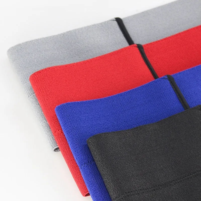 Elastic elbow support bandage for sports, shown in black, blue, grey, and red colours.