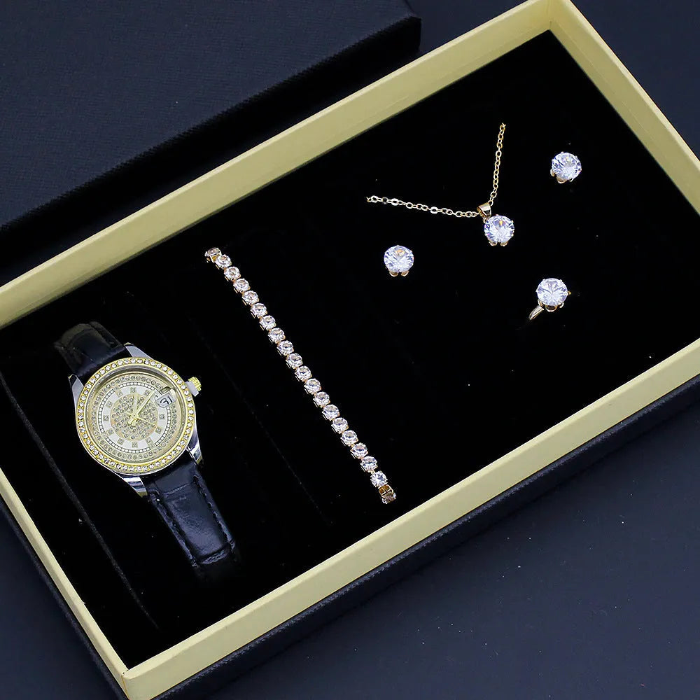 Ladies watch jewellery set gift box with white face white strap watch, bracelet, necklace, stud earrings, and ring