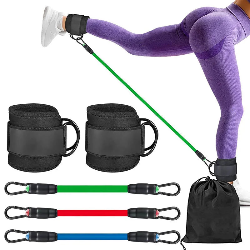 TPE resistance band set with three tension levels and ankle loops for leg exercises