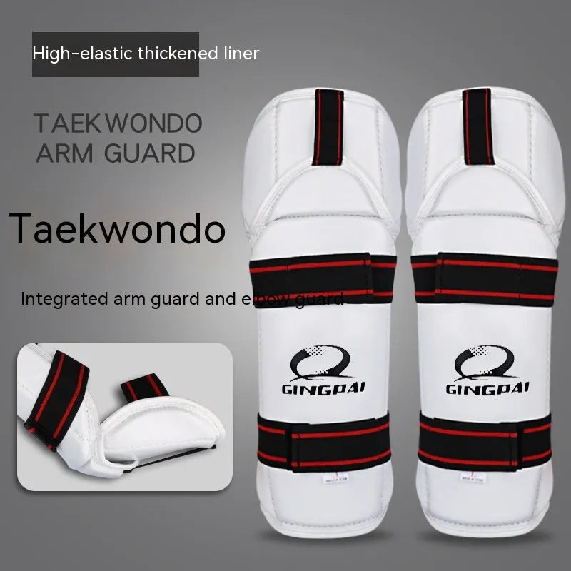 Taekwondo protective gear set including PU EVA arm guards and leg protectors in black for martial arts training