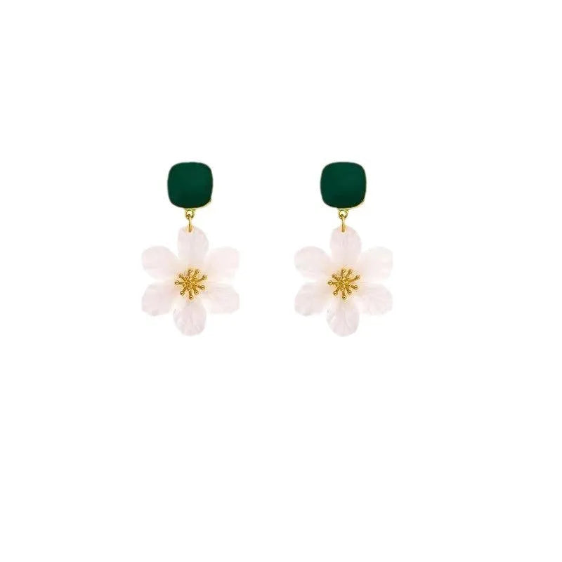 Dark green floral design alloy drop earrings for women with earwire fastening