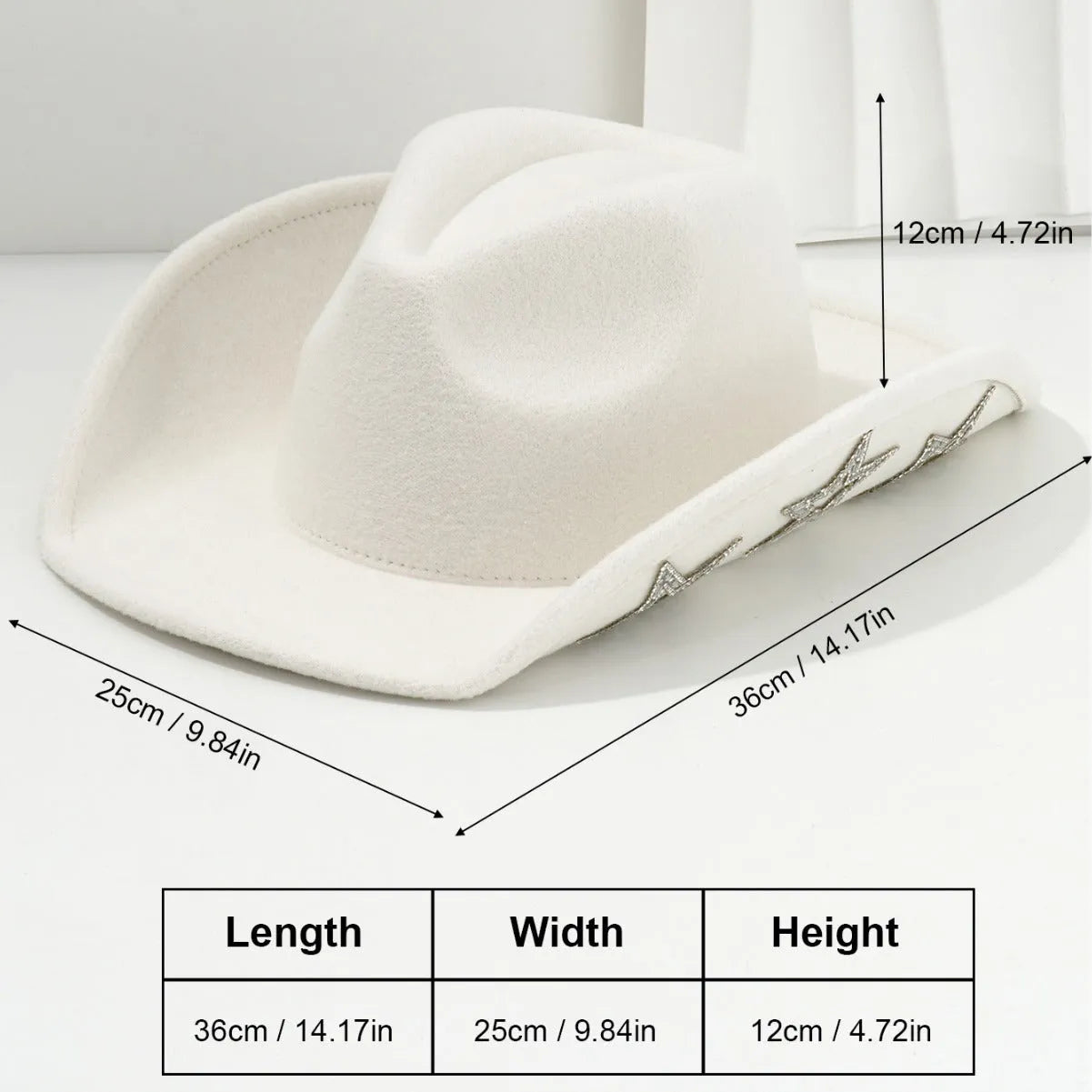 Beige polyester western-style top hat with a conical crown and a hexagonal star decoration on the side.