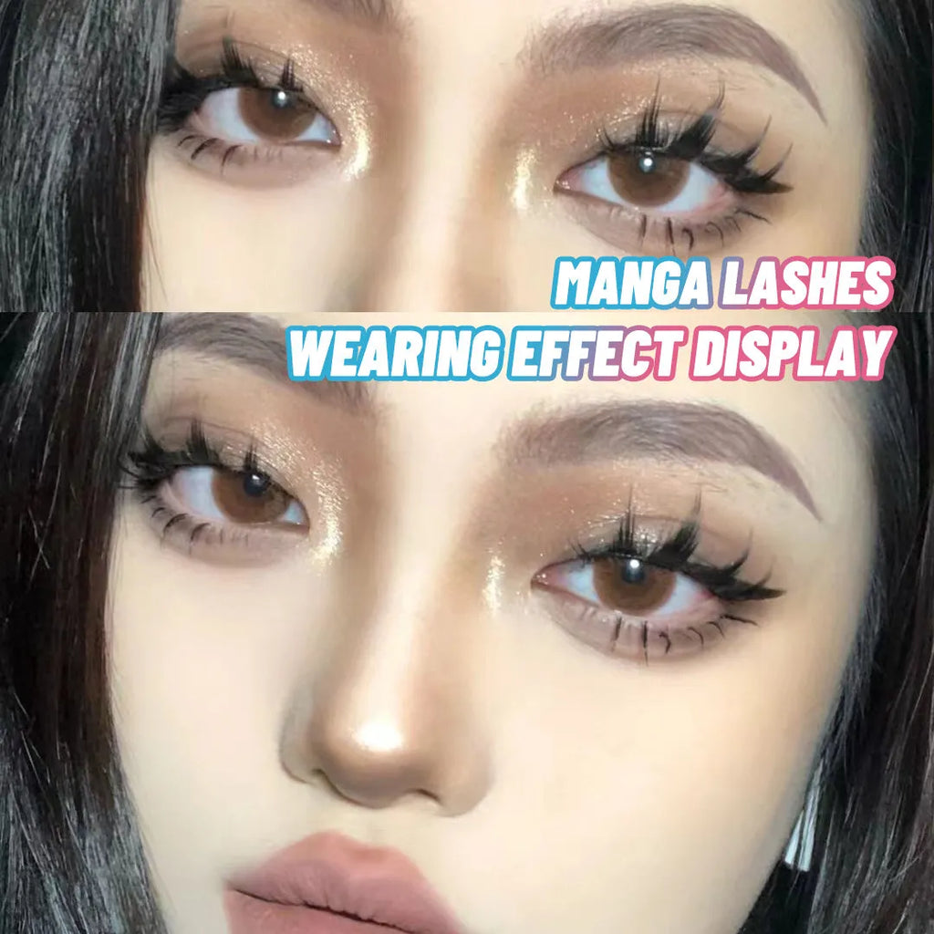 Manga style false eyelashes set showing natural wispy 007, 008 and 009 styles for anime cosplay