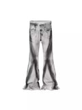 White cotton selvedge denim jeans with a mid waist and zip fly, shown on a size chart.