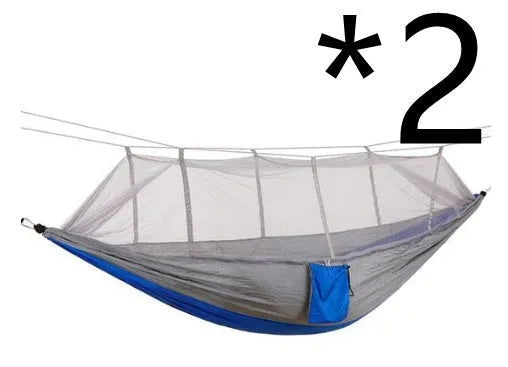 Mosquito net hanging hammock with integrated netting, available in blue or grey for camping and garden use.