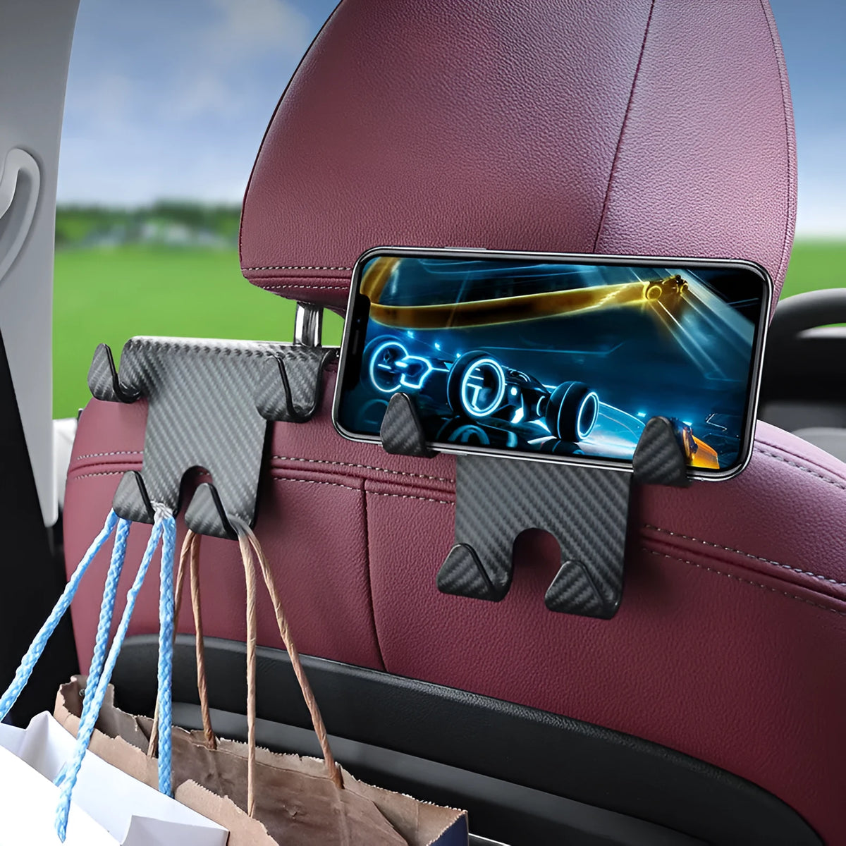 Black ABS plastic car hook and mobile phone bracket for rear seat storage
