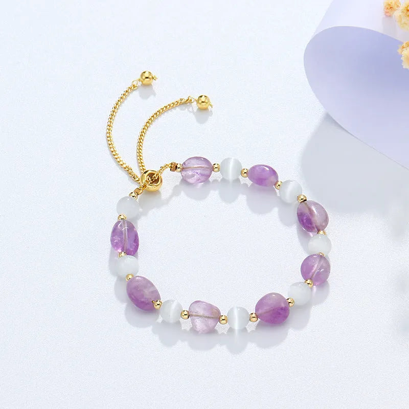 Women's crystal white opal beaded bracelet in amethyst, pink crystal, or black hair crystal with polished finish