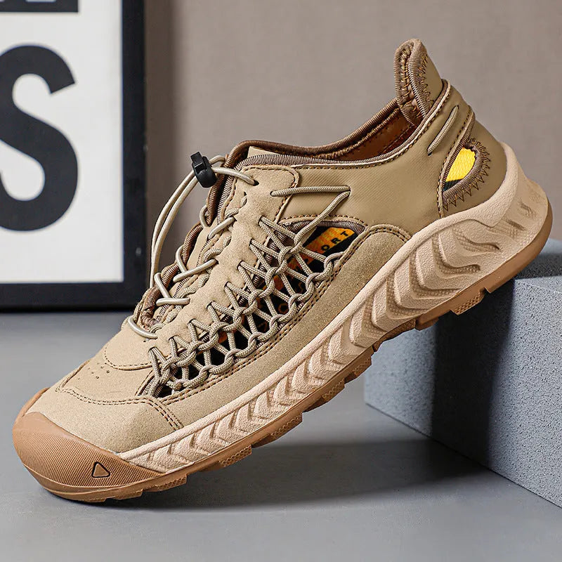 Hand-woven men's sandals with closed toe design and rubber sole in light gray colour