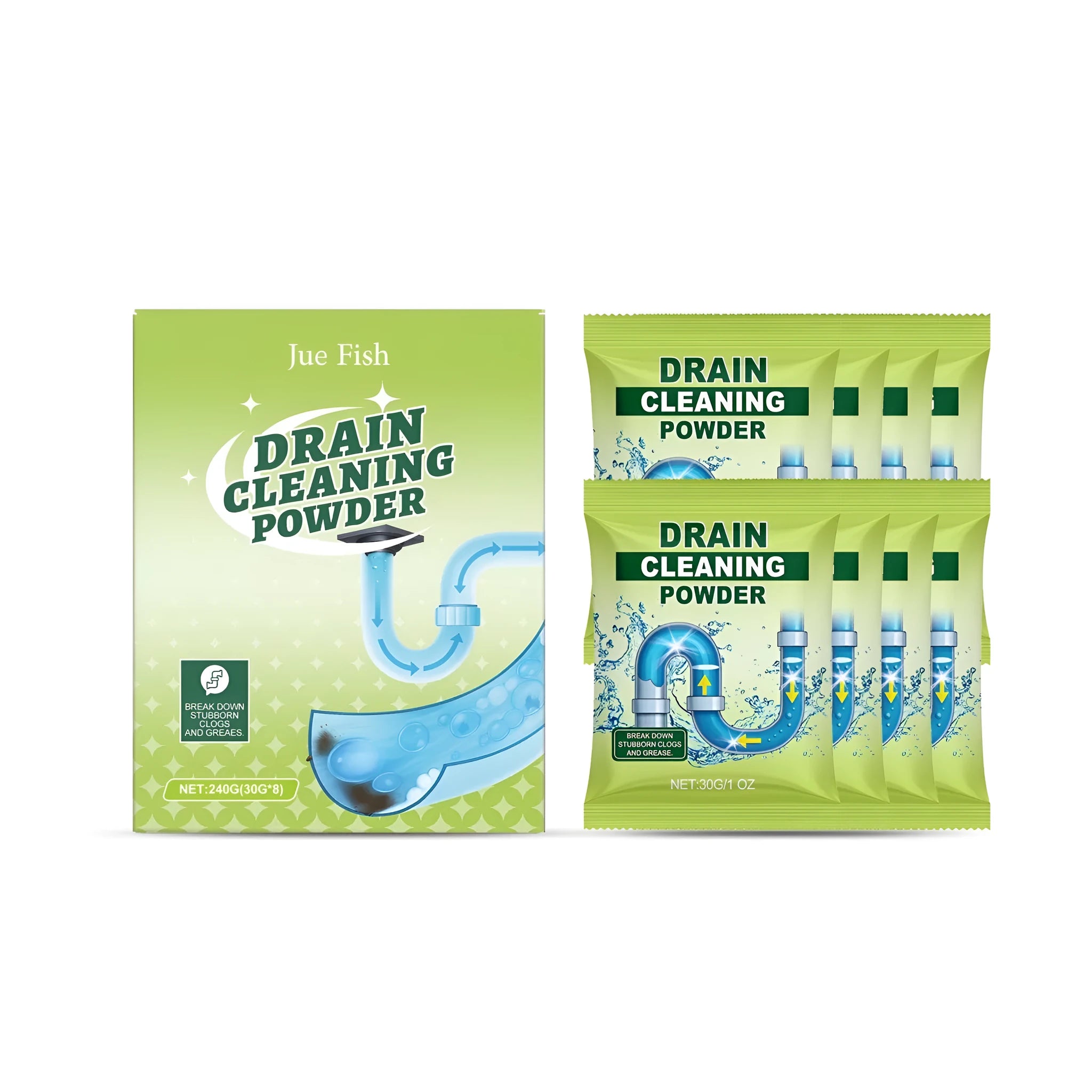 Drain cleaning powder pack with eight individual 30g sachets for unblocking sinks and baths