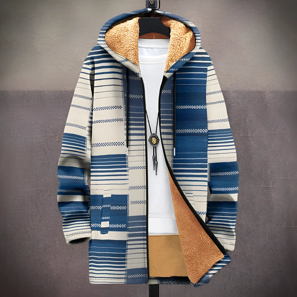 Man wearing a multicolour patterned zip-up hooded cardigan in a loose fit style.