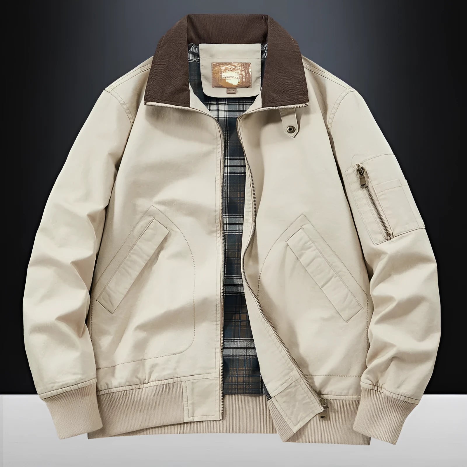 Men's plus size washed cotton baseball flight jacket in Army Green colour, showing front design.