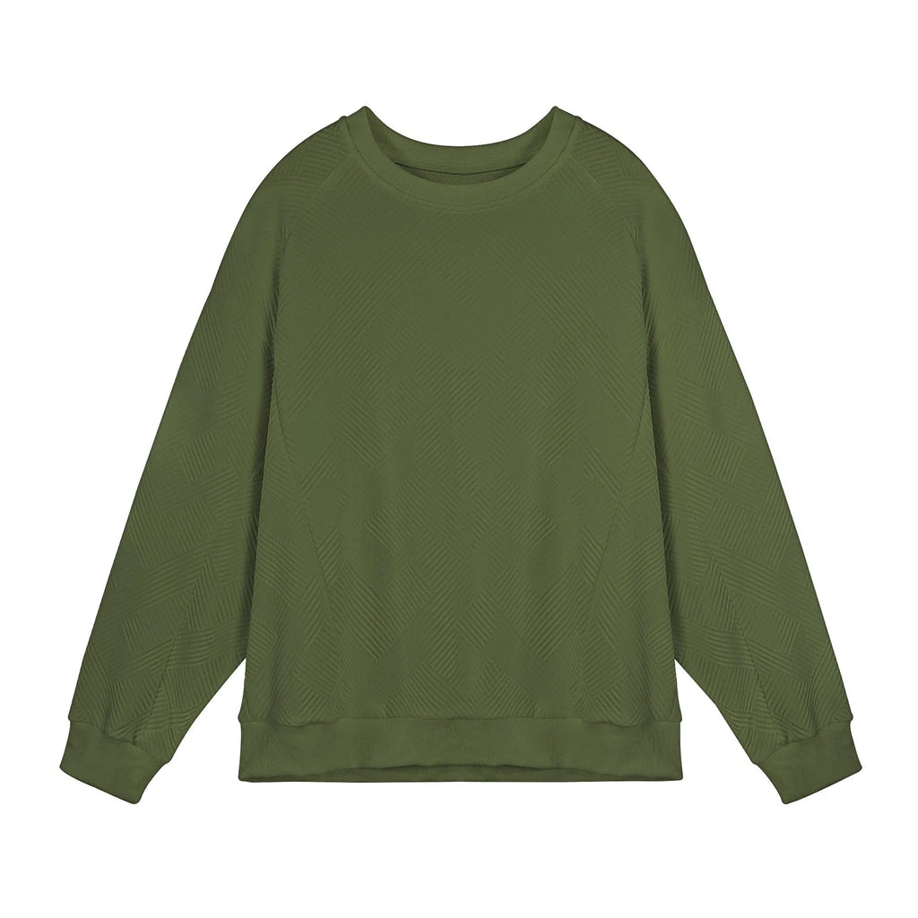 Men's loose fit twill Jacquard pullover sweater in army green, shown on a model.
