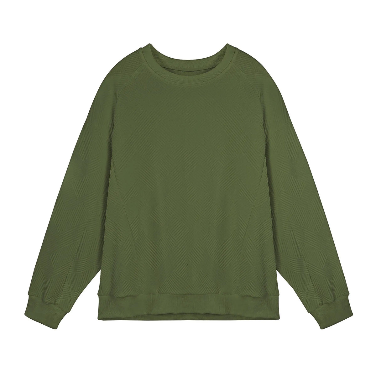 Men's loose fit twill Jacquard pullover sweater in army green, shown on a model.