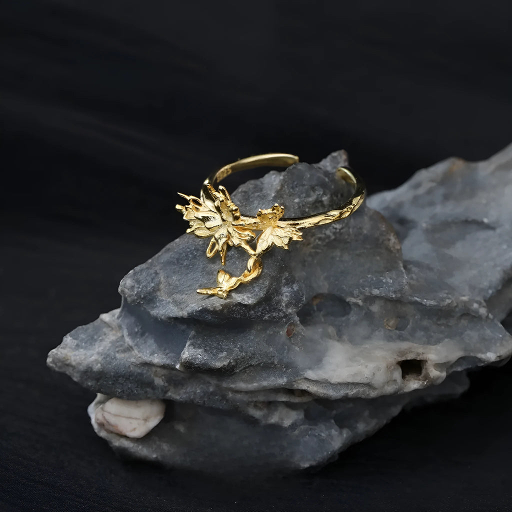 Silver butterfly ring with adjustable opening in white gold or 18K gold electroplated finish
