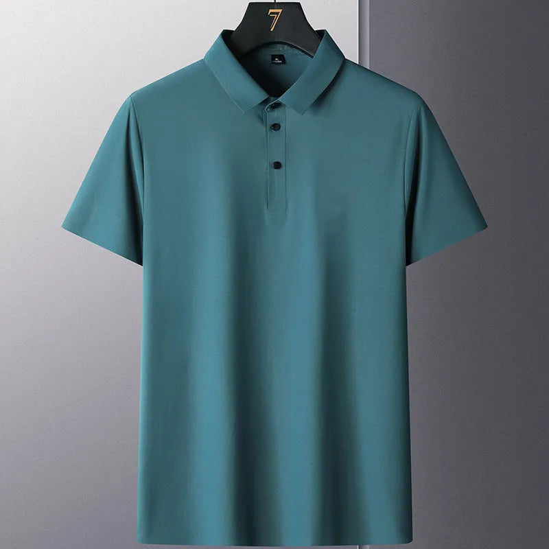 Man wearing a solid colour short sleeve non-iron business casual shirt in a professional setting.