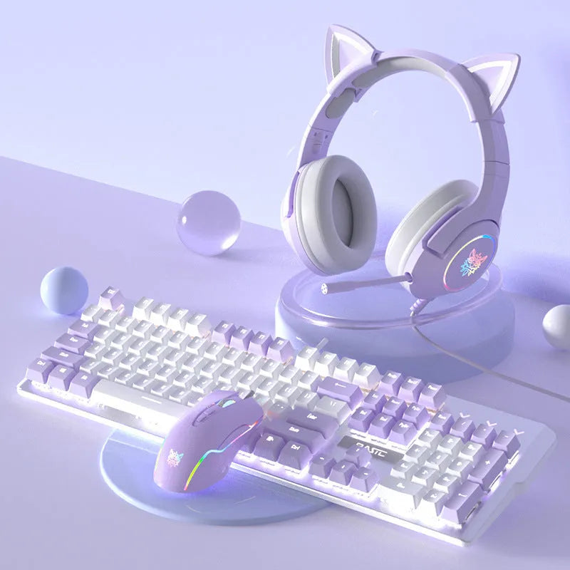 Purple and white mechanical keyboard and mouse gaming bundle with backlighting
