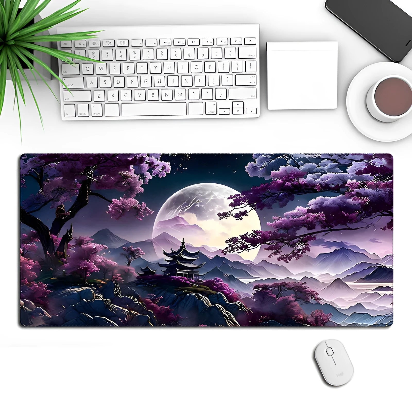 Gaming mouse pad with 05 pattern, precision lock edge, on a desk with keyboard and mouse.