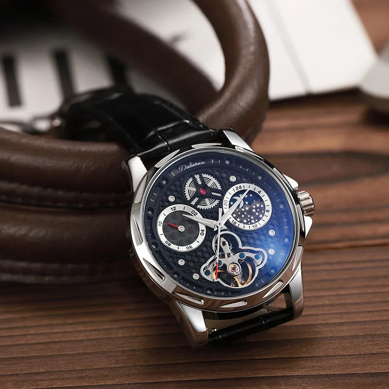 Men's waterproof automatic watch with luminous dial and steel bracelet, 13mm thickness