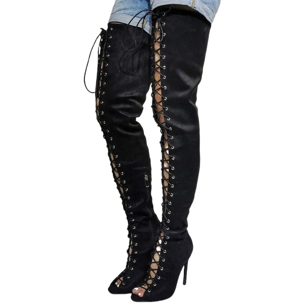 Women's black suede lace-up stiletto heel peep-toe boots with round toe and rubber sole