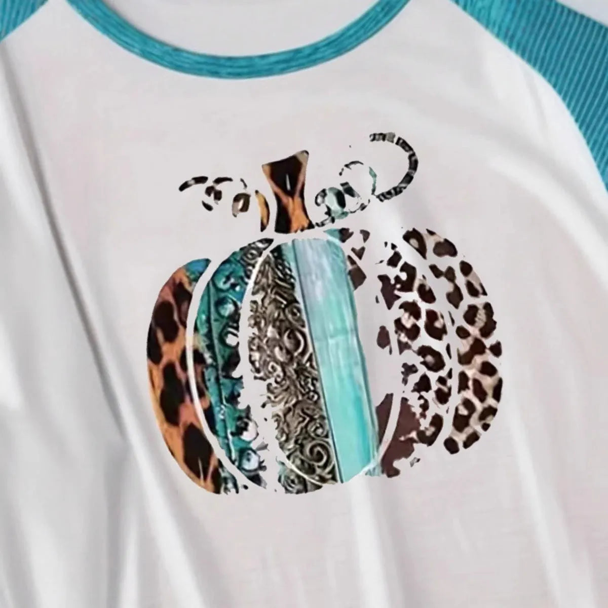 White polyester t-shirt with sky blue Halloween pumpkin digital print, long sleeves, regular fit