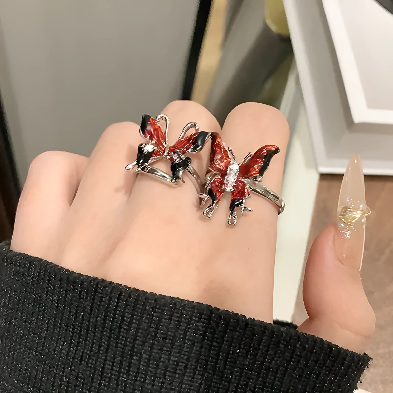 Copper women's ring featuring a creative Chinese butterfly design with an open loop, available in 33 numbered styles.