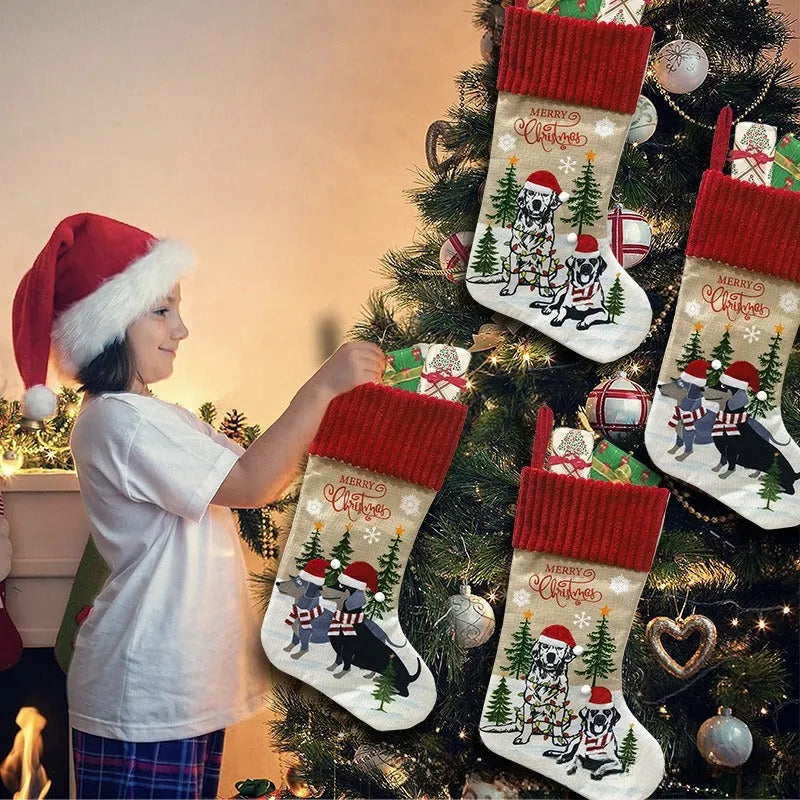 Cloth fabric Christmas stocking decoration with pendant charm measuring 46 by 28 centimetres