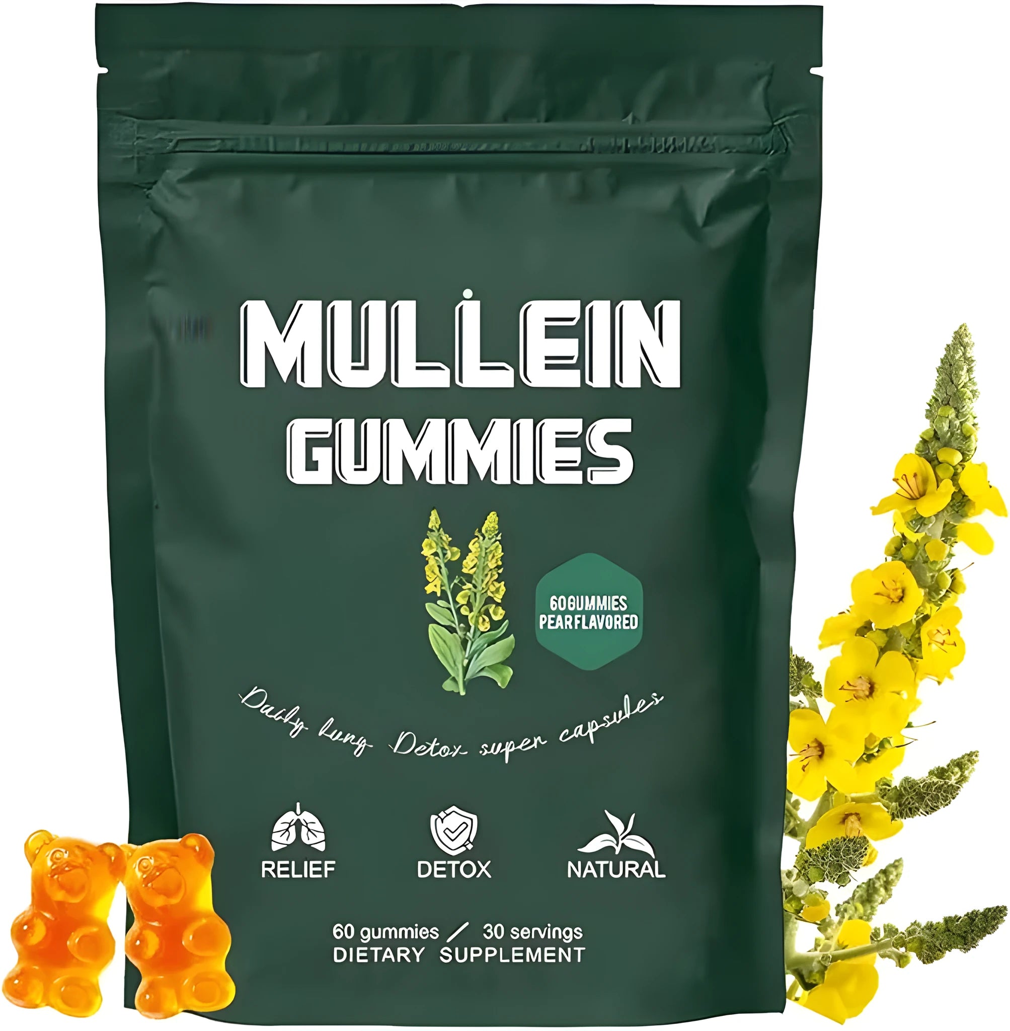 Mullein gummy 60 count bottle with pear-flavoured vegan pectin gummies for respiratory support
