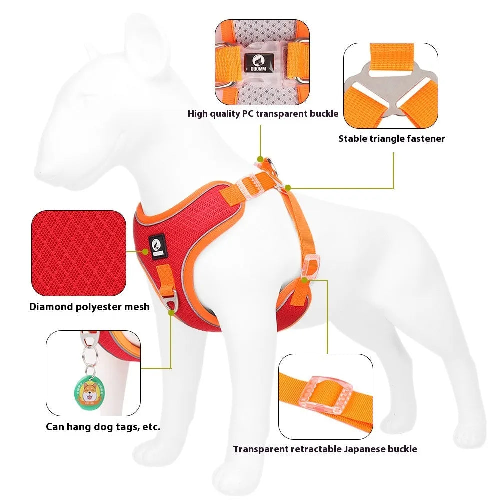 Adjustable mesh dog harness with reflective piping in multiple colour options