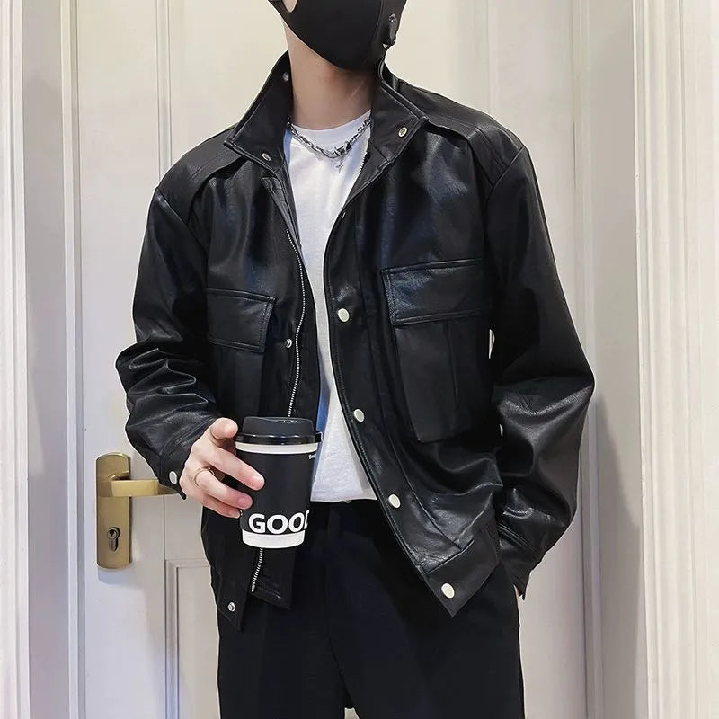 Korean style black PU leather pilot jacket for men with straight hem design