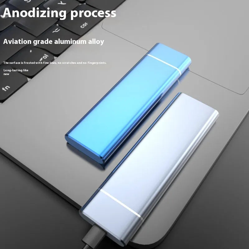 Sapphire blue portable solid state hard drive with metal shell measuring 10.3cm long